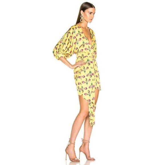 PatBo Asymmetrical Belted Floral Mini Dress Puff Sleeves Satin Yellow Size 4 - Picture 2 of 15